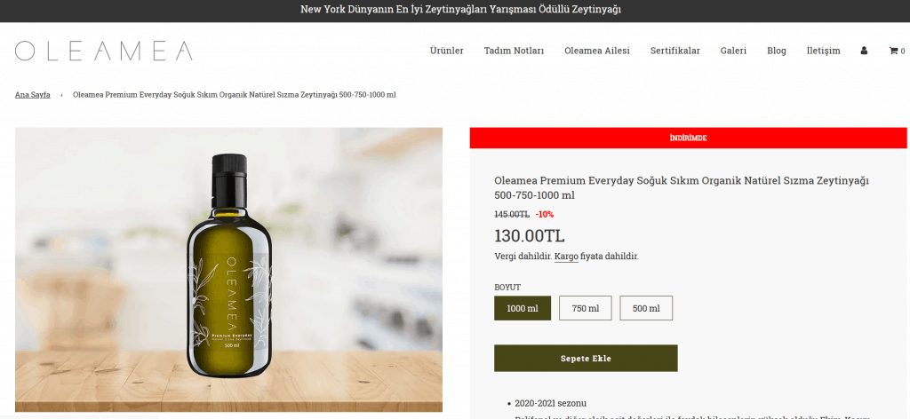 Oleamea Premium Soğuk Sıkım Organik Sızma Zeytinyağı